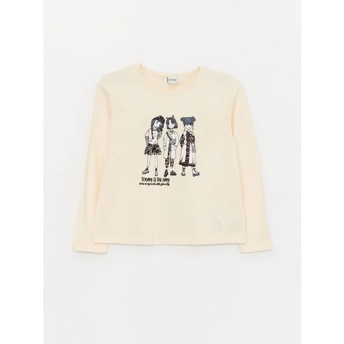 LCW Kids Bej Bisiklet Yaka Baskılı Uzun Kollu Kız Çocuk Tişört