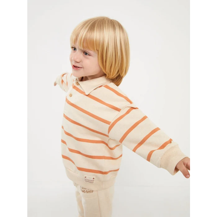 LCW baby Bej Polo Yaka Uzun Kollu Çizgili Erkek Bebek Sweatshirt