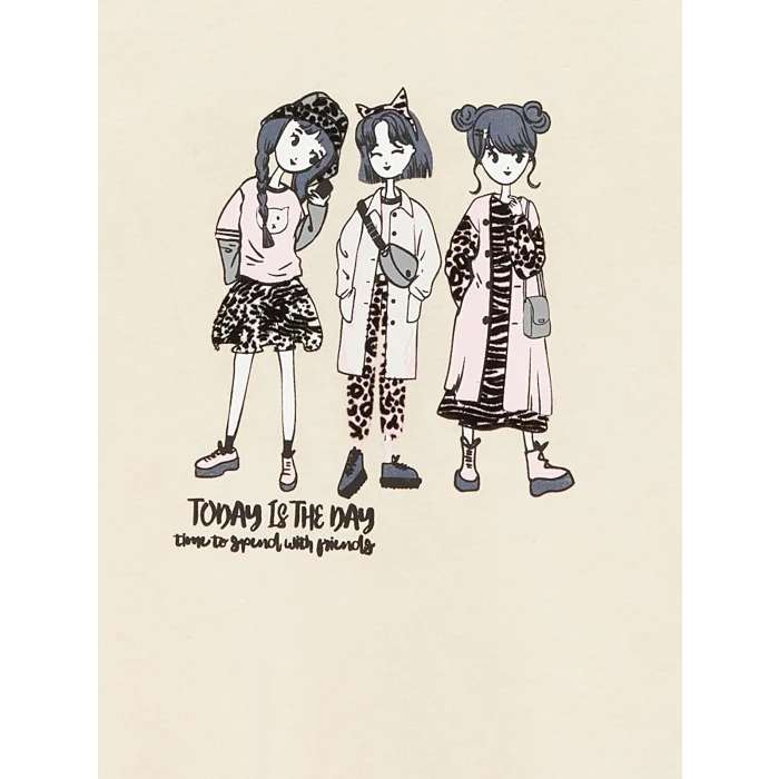 LCW Kids Bej Bisiklet Yaka Baskılı Uzun Kollu Kız Çocuk Tişört