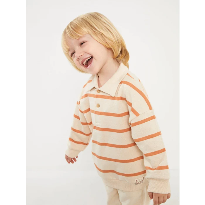LCW baby Bej Polo Yaka Uzun Kollu Çizgili Erkek Bebek Sweatshirt