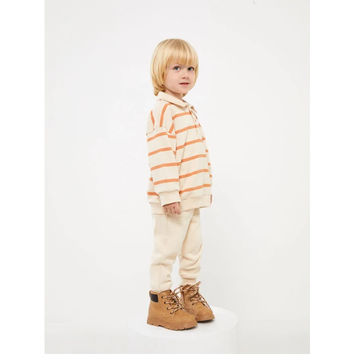 LCW baby Bej Polo Yaka Uzun Kollu Çizgili Erkek Bebek Sweatshirt