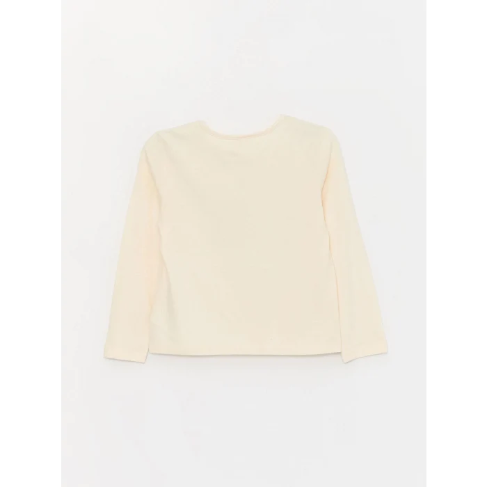 LCW Kids Bej Bisiklet Yaka Baskılı Uzun Kollu Kız Çocuk Tişört