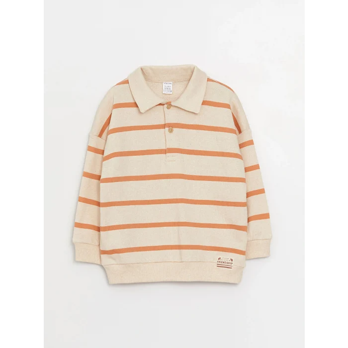 LCW baby Bej Polo Yaka Uzun Kollu Çizgili Erkek Bebek Sweatshirt