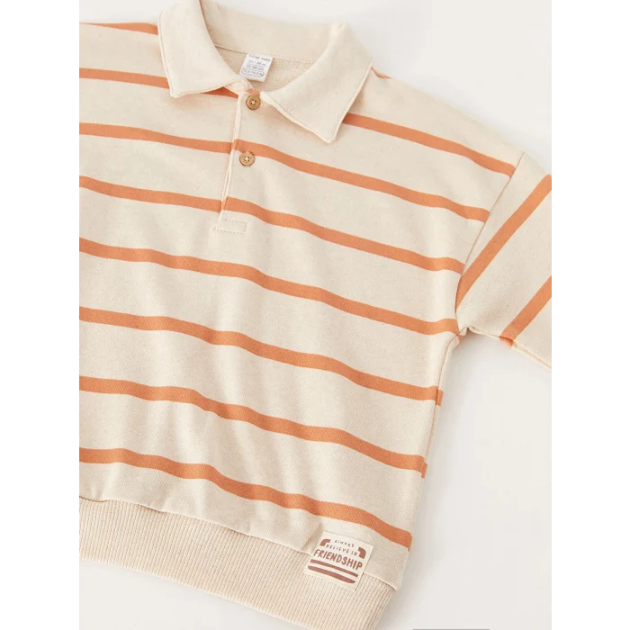 LCW baby Bej Polo Yaka Uzun Kollu Çizgili Erkek Bebek Sweatshirt