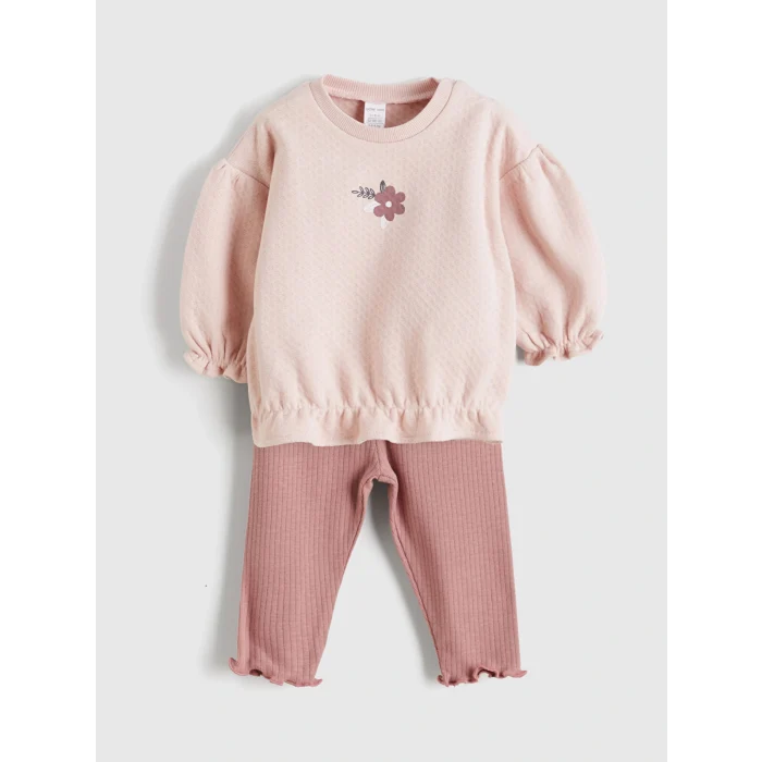 LC WAIKIKI Pembe Baskılı Kız Bebek Sweatshirt ve Tayt 2li