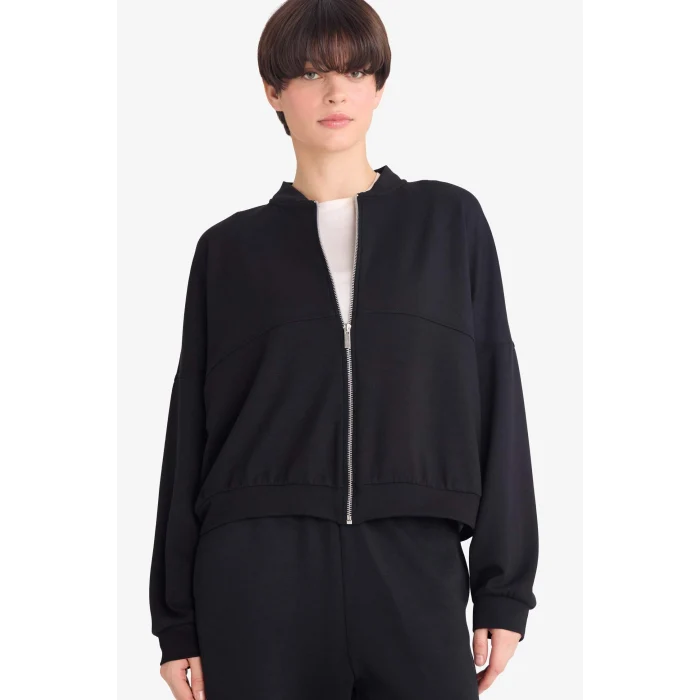 Defacto G3427AXBK81 Siyah Kolej Yaka Basic Düz Fermuarlı Bomber Hırka