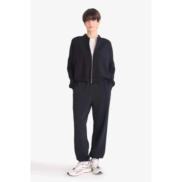 Defacto G3427AXBK81 Siyah Kolej Yaka Basic Düz Fermuarlı Bomber Hırka