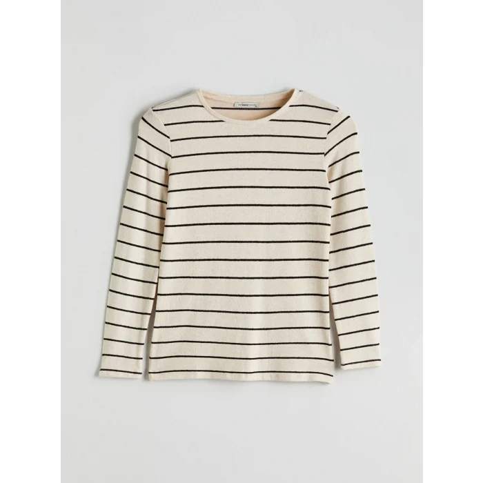 LCWAIKIKI Basic Ekru Bisiklet Yaka Çizgili Kadın Tişört