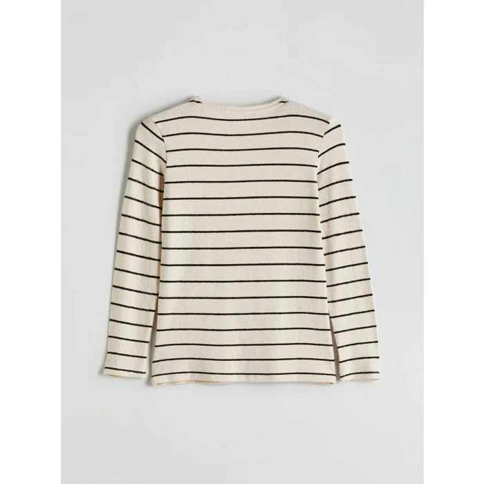 LCWAIKIKI Basic Ekru Bisiklet Yaka Çizgili Kadın Tişört