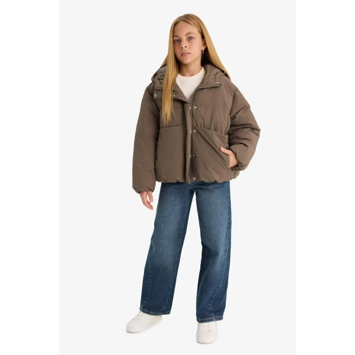 Defacto E9813A8KH487 Haki Kız Çocuk Su Geçirmez Kapüşonlu Fermuarlı Şişme Mont