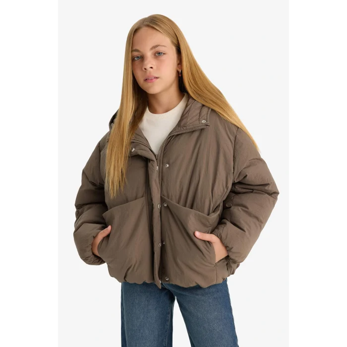 Defacto E9813A8KH487 Haki Kız Çocuk Su Geçirmez Kapüşonlu Fermuarlı Şişme Mont