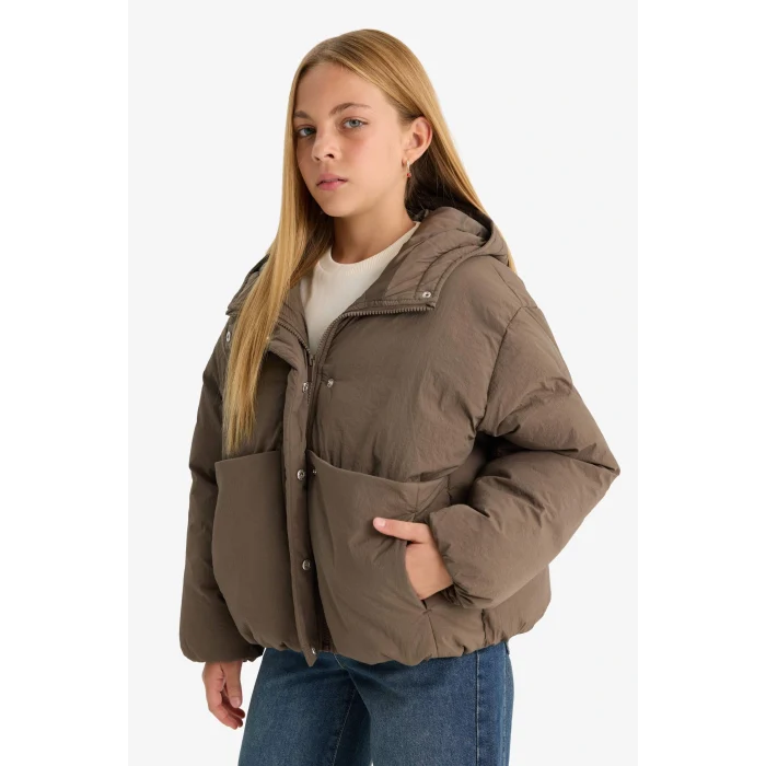 Defacto E9813A8KH487 Haki Kız Çocuk Su Geçirmez Kapüşonlu Fermuarlı Şişme Mont