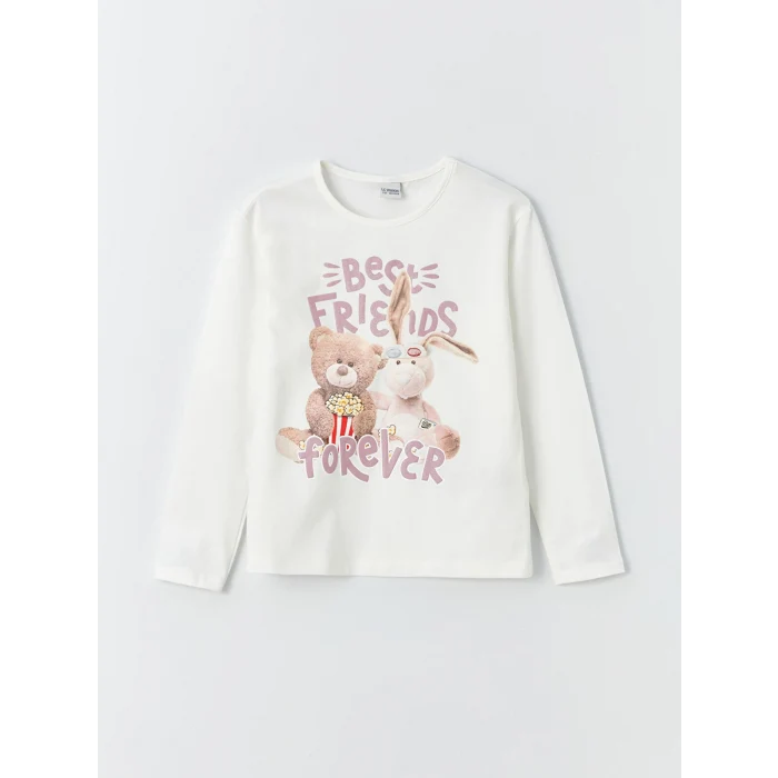 LCW Kids Ekru Bisiklet Yaka Baskılı Uzun Kollu Kız Çocuk Tişört
