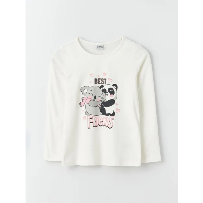 LCW Kids Ekru Bisiklet Yaka Baskılı Uzun Kollu Kız Çocuk Tişört