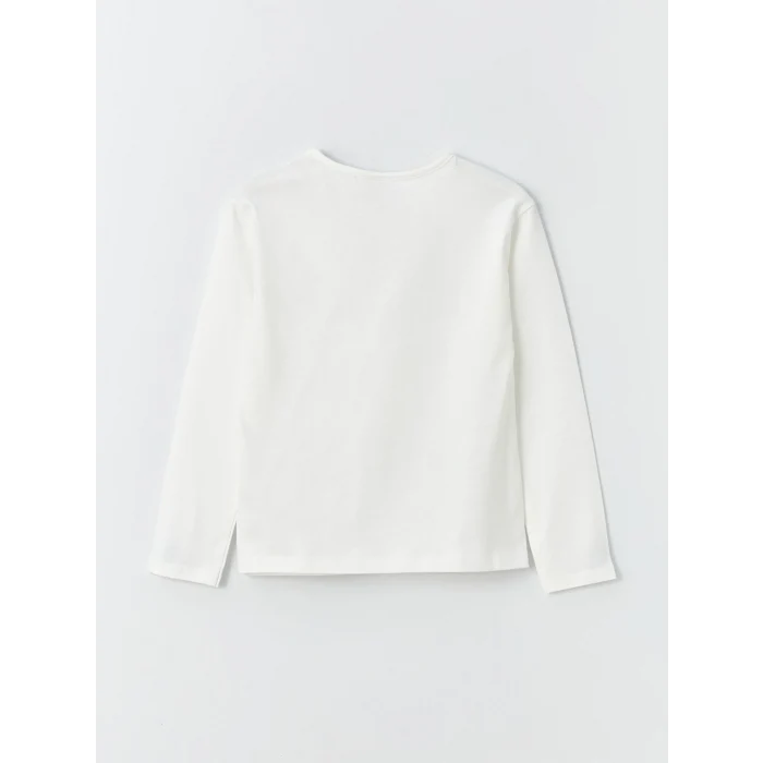 LCW Kids Ekru Bisiklet Yaka Baskılı Uzun Kollu Kız Çocuk Tişört