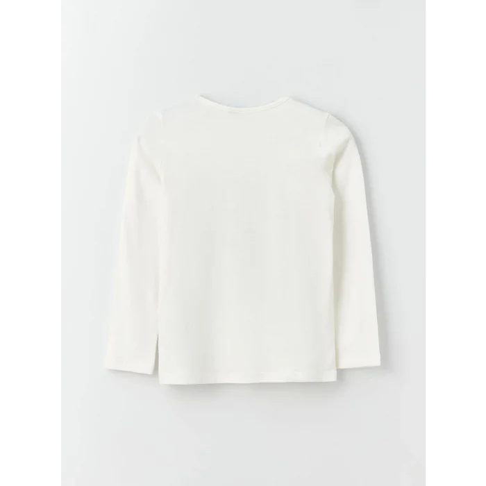 LCW Kids Ekru Bisiklet Yaka Baskılı Uzun Kollu Kız Çocuk Tişört