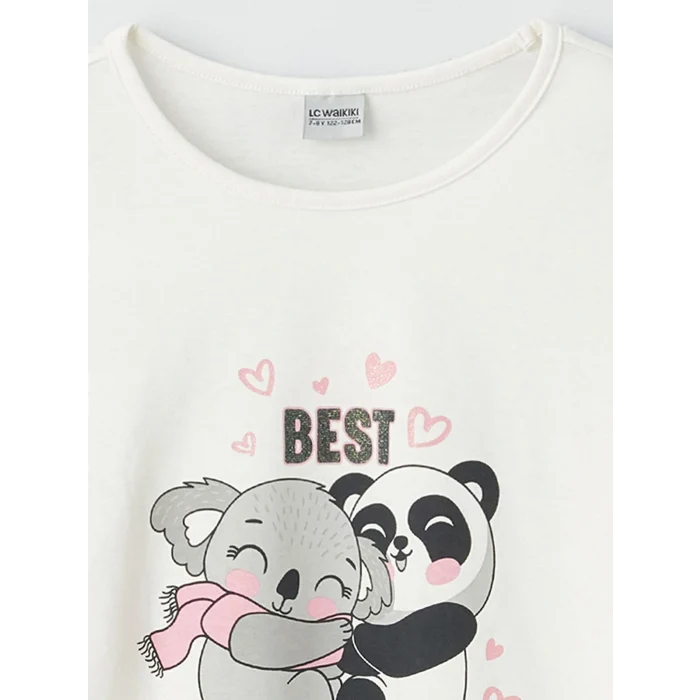 LCW Kids Ekru Bisiklet Yaka Baskılı Uzun Kollu Kız Çocuk Tişört