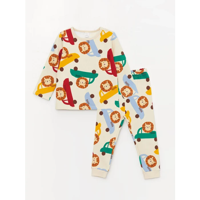 LCW baby Bej Bisiklet Yaka Baskılı Erkek Bebek Pijama Takımı