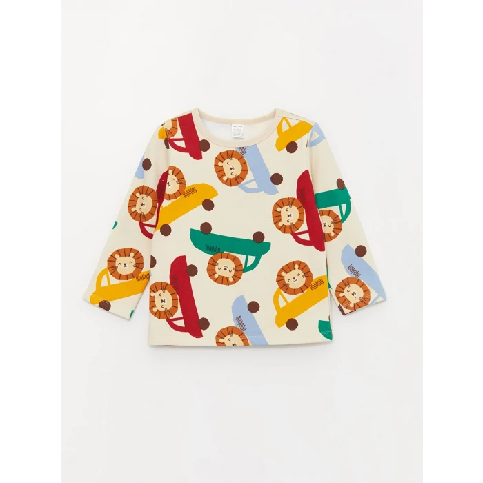 LCW baby Bej Bisiklet Yaka Baskılı Erkek Bebek Pijama Takımı