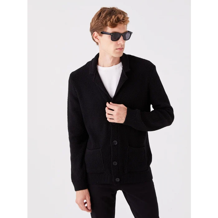 SOUTHBLUE Siyah Standart Kalıp Ceket Yaka Erkek Triko Hırka