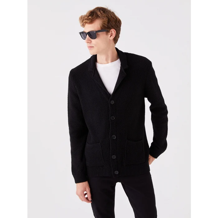 SOUTHBLUE Siyah Standart Kalıp Ceket Yaka Erkek Triko Hırka