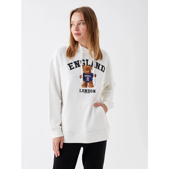 LCW Modest Ekru Baskılı Uzun Kollu Kadın Hoodie