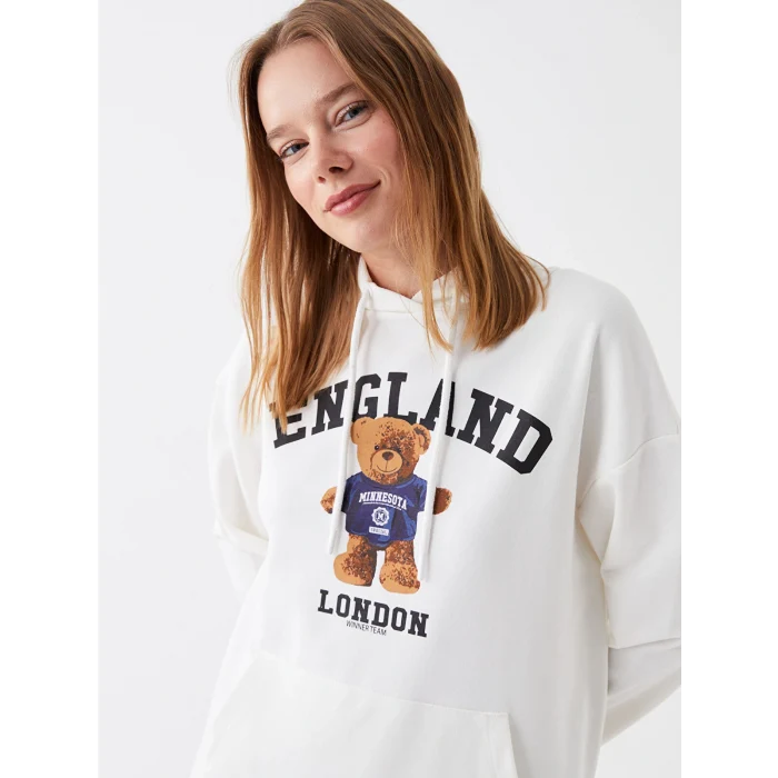 LCW Modest Ekru Baskılı Uzun Kollu Kadın Hoodie