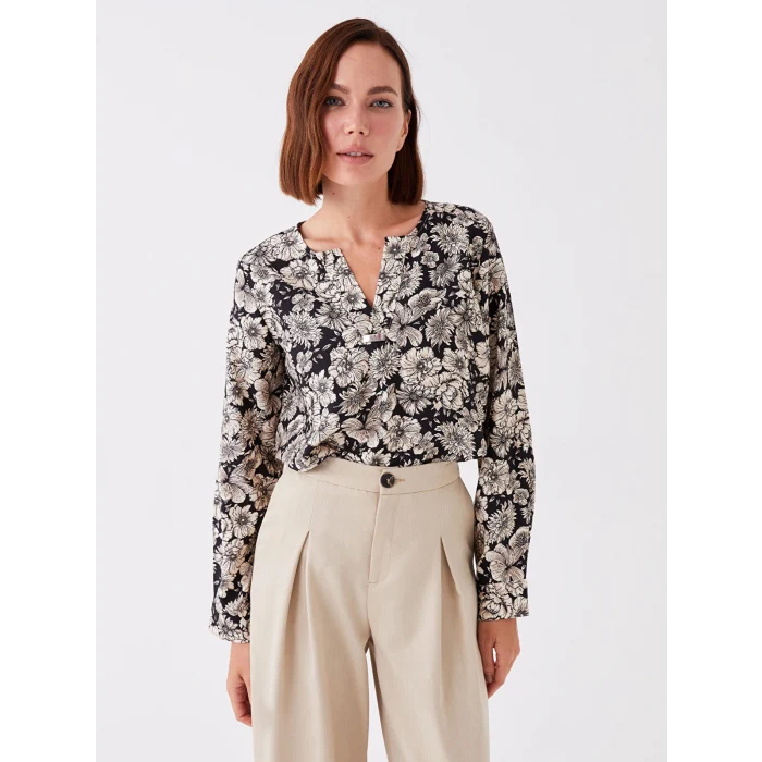 LCW Grace Siyah Kaçık Yaka Çiçekli Uzun Kollu Kadın Bluz