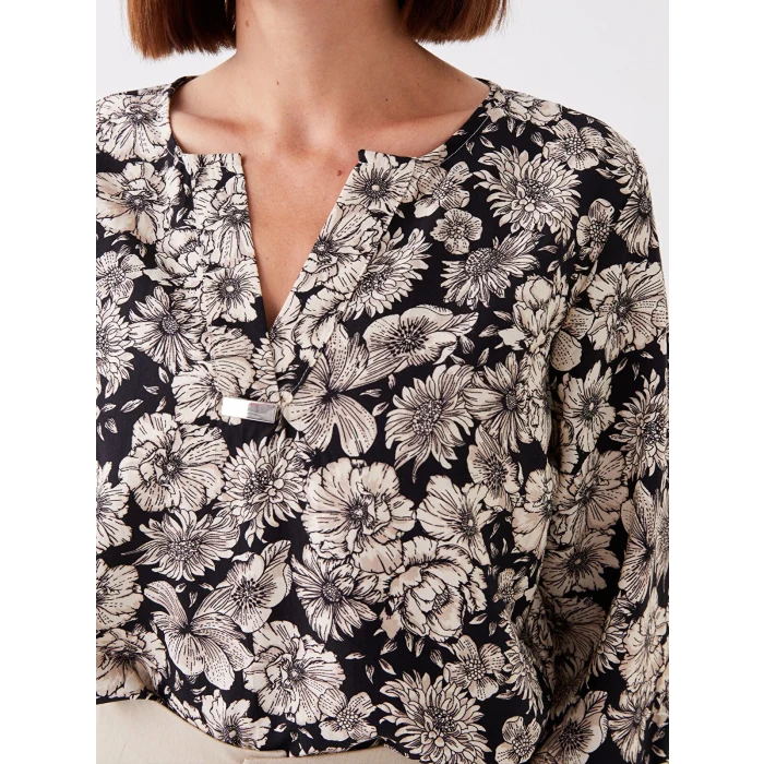 LCW Grace Siyah Kaçık Yaka Çiçekli Uzun Kollu Kadın Bluz
