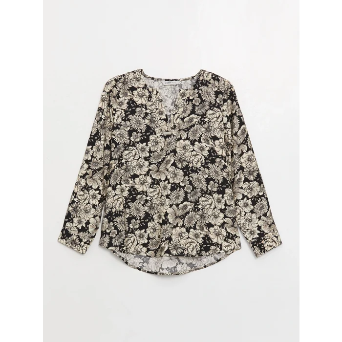 LCW Grace Siyah Kaçık Yaka Çiçekli Uzun Kollu Kadın Bluz
