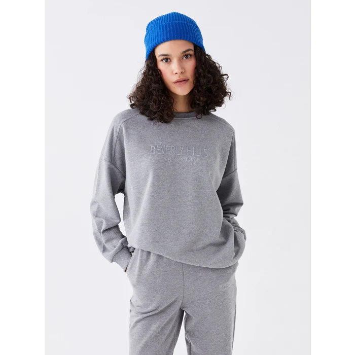 LCW Vision Gri Bisiklet Yaka Nakışlı Uzun Kollu Oversize Kadın Sweatshirt