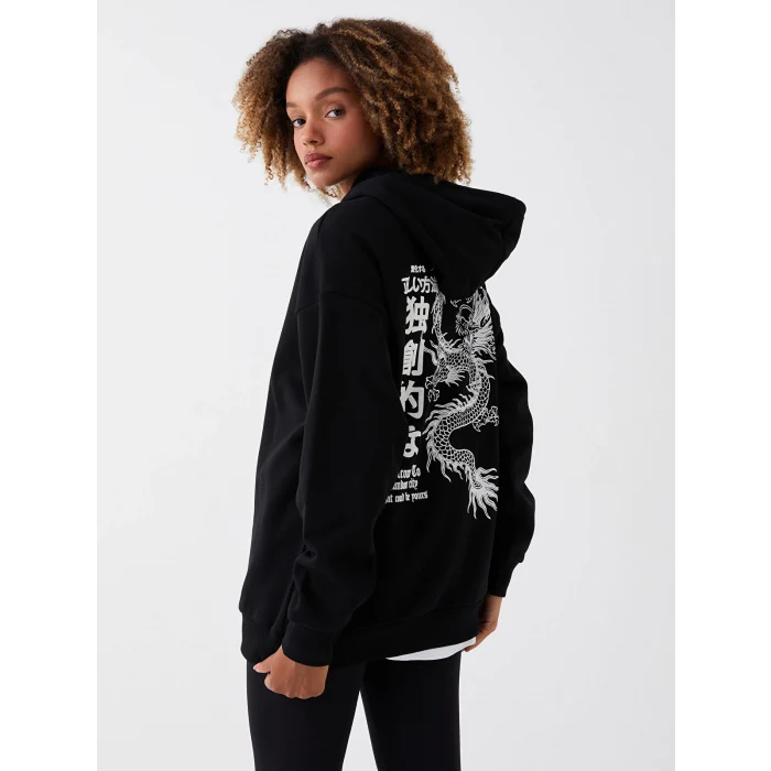 XSIDE Siyah Baskılı Oversize Kadın Kalın Hoodie