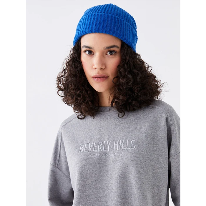 LCW Vision Gri Bisiklet Yaka Nakışlı Uzun Kollu Oversize Kadın Sweatshirt