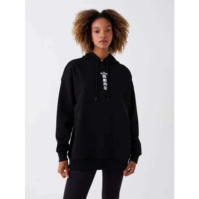 XSIDE Siyah Baskılı Oversize Kadın Kalın Hoodie