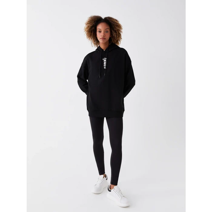 XSIDE Siyah Baskılı Oversize Kadın Kalın Hoodie