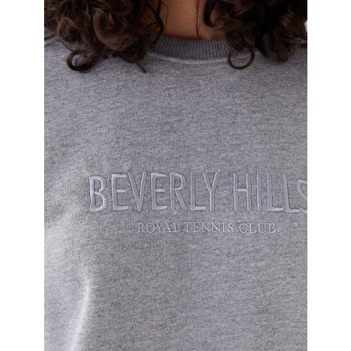 LCW Vision Gri Bisiklet Yaka Nakışlı Uzun Kollu Oversize Kadın Sweatshirt