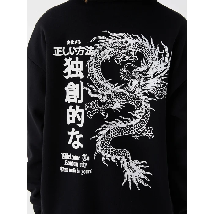 XSIDE Siyah Baskılı Oversize Kadın Kalın Hoodie