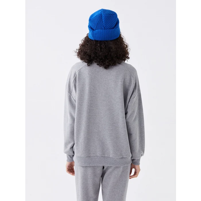 LCW Vision Gri Bisiklet Yaka Nakışlı Uzun Kollu Oversize Kadın Sweatshirt