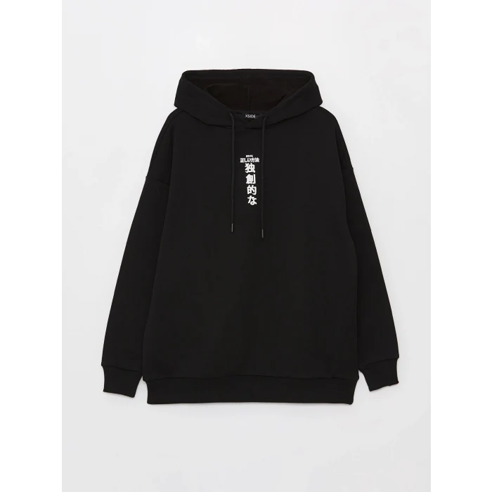 XSIDE Siyah Baskılı Oversize Kadın Kalın Hoodie