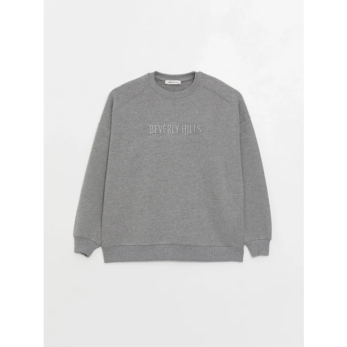 LCW Vision Gri Bisiklet Yaka Nakışlı Uzun Kollu Oversize Kadın Sweatshirt