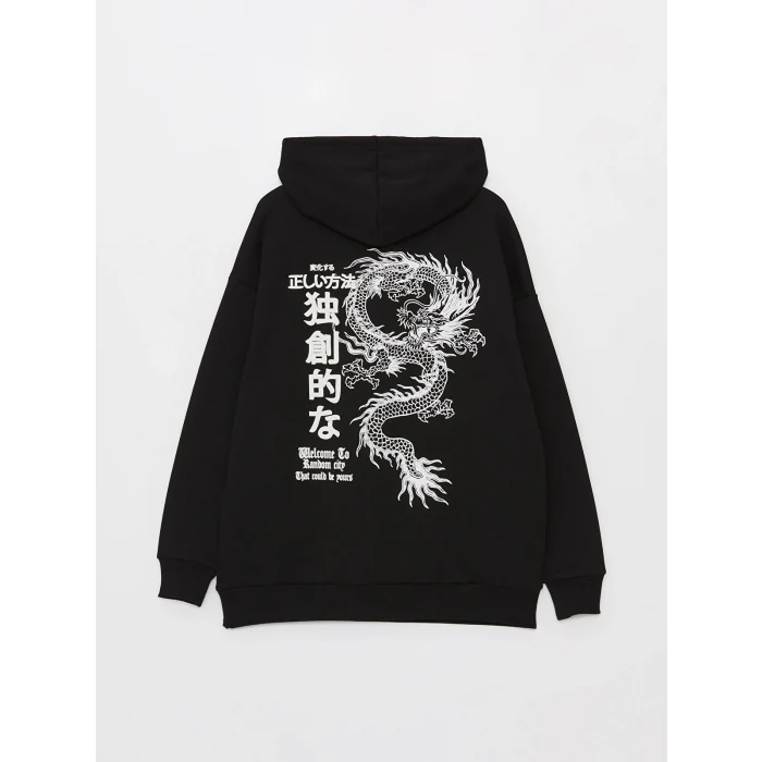 XSIDE Siyah Baskılı Oversize Kadın Kalın Hoodie