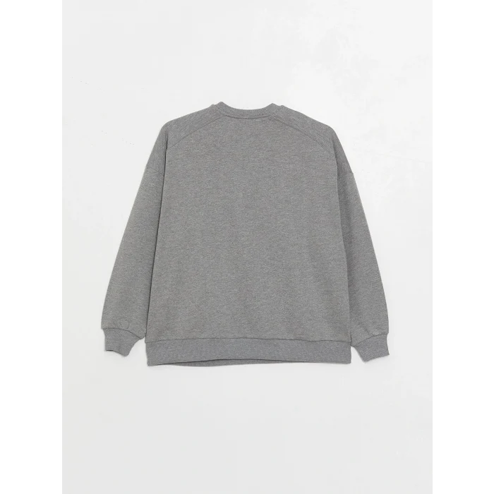 LCW Vision Gri Bisiklet Yaka Nakışlı Uzun Kollu Oversize Kadın Sweatshirt