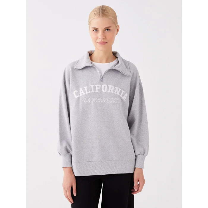 LCW Modest Gri Gömlek Yaka Baskılı Uzun Kollu Oversize Kadın Sweatshirt Tunik