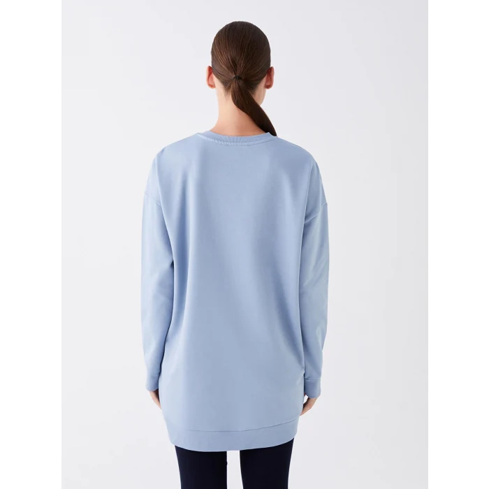 LCWAIKIKI Basic Mavi Bisiklet Yaka Baskılı Uzun Kollu Oversize Kadın Sweatshirt Tunik