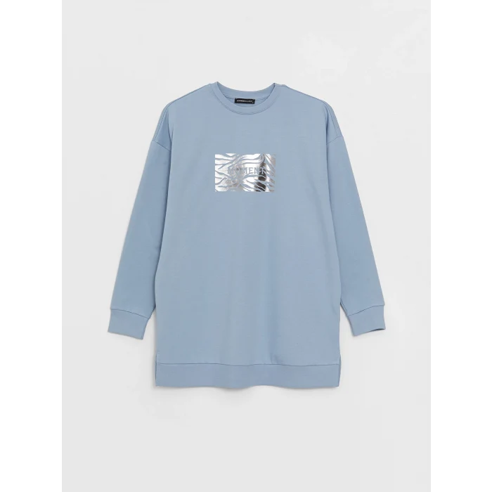 LCWAIKIKI Basic Mavi Bisiklet Yaka Baskılı Uzun Kollu Oversize Kadın Sweatshirt Tunik