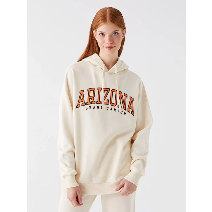 XSIDE Bej Baskılı Oversize Kadın Kalın Hoodie