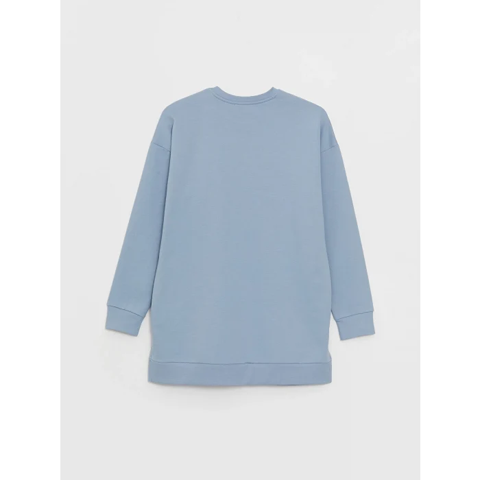 LCWAIKIKI Basic Mavi Bisiklet Yaka Baskılı Uzun Kollu Oversize Kadın Sweatshirt Tunik