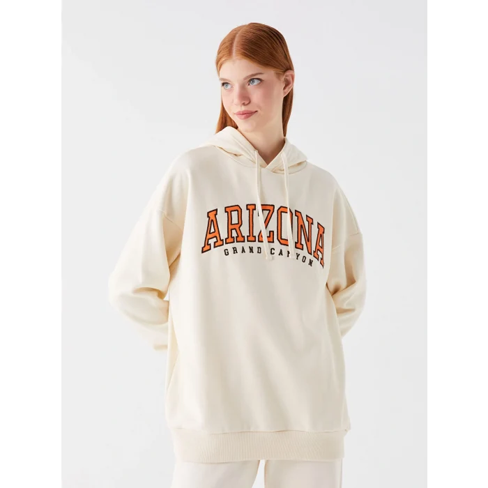 XSIDE Bej Baskılı Oversize Kadın Kalın Hoodie