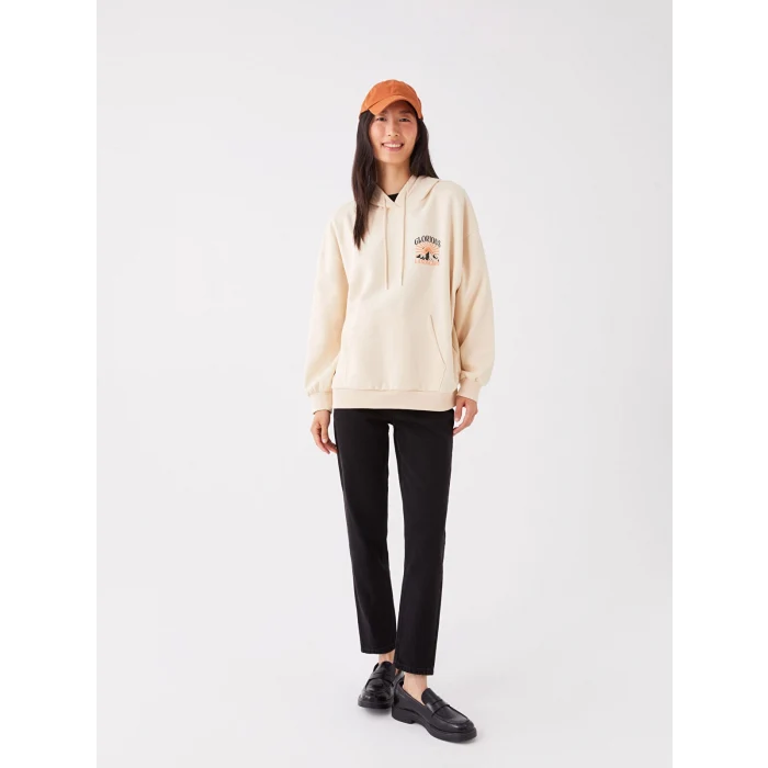 LCW Vision Bej Baskılı Oversize Kadın Kalın Hoodie