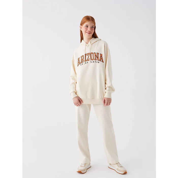 XSIDE Bej Baskılı Oversize Kadın Kalın Hoodie